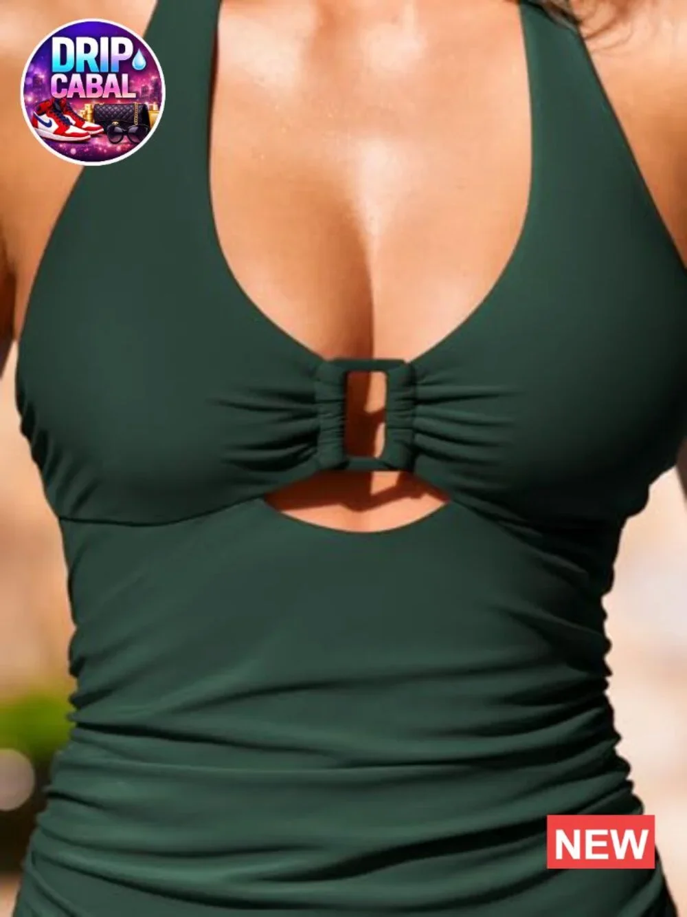 Women's V Neck Halter Tankini Set Tummy Control Cutout Two Piece Swimsuit